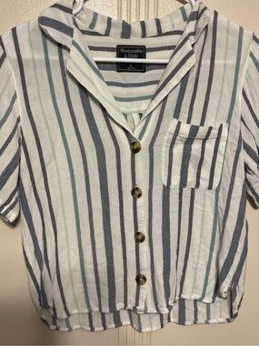 Abercrombie & Fitch Short Sleeve Striped Button Shirt - White, Navy & Teal